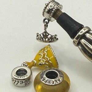 Pandora Disney 3pc Belle’s Dress, Tiara & Signature Color Murano Glass Bead!